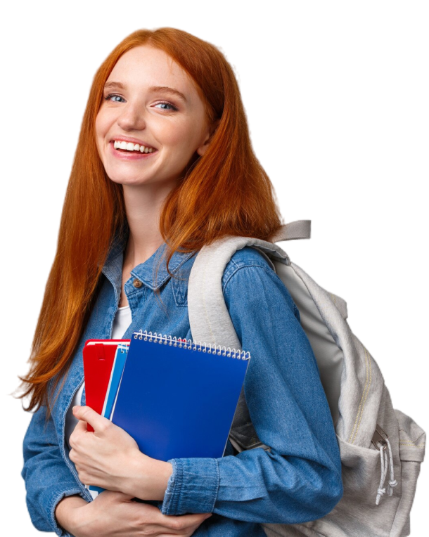 Estudante sorridente, carregando uma mochila, vestindo uma jaqueta jeans e segurando dois livros