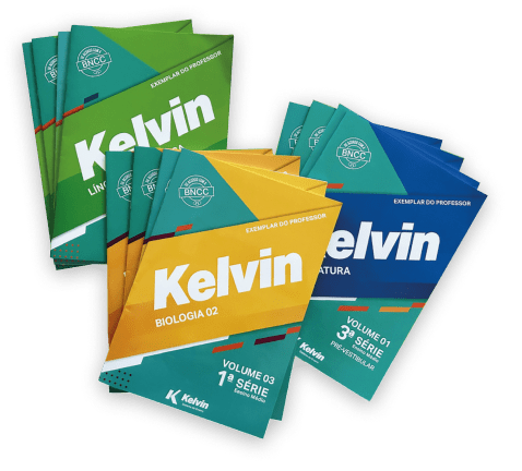 Imagem com 3 livros de estudo com o título de Kelvin volume 1,2 e 3